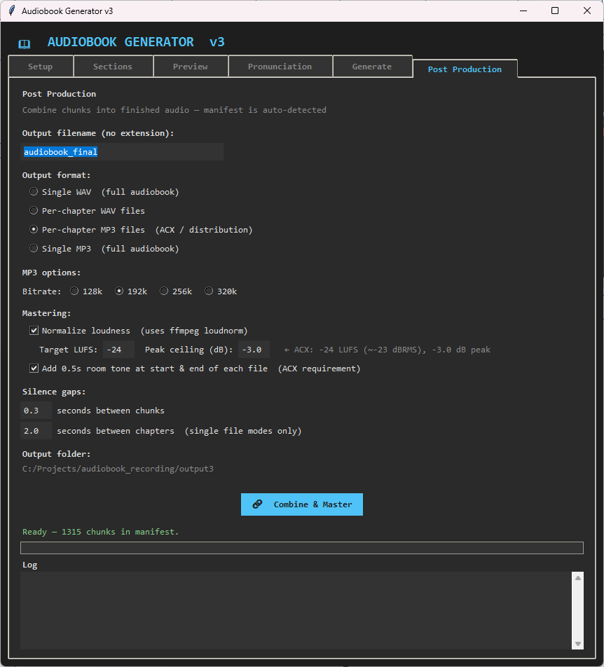 Audiobook Generator v3 — Generate tab showing chunk processing